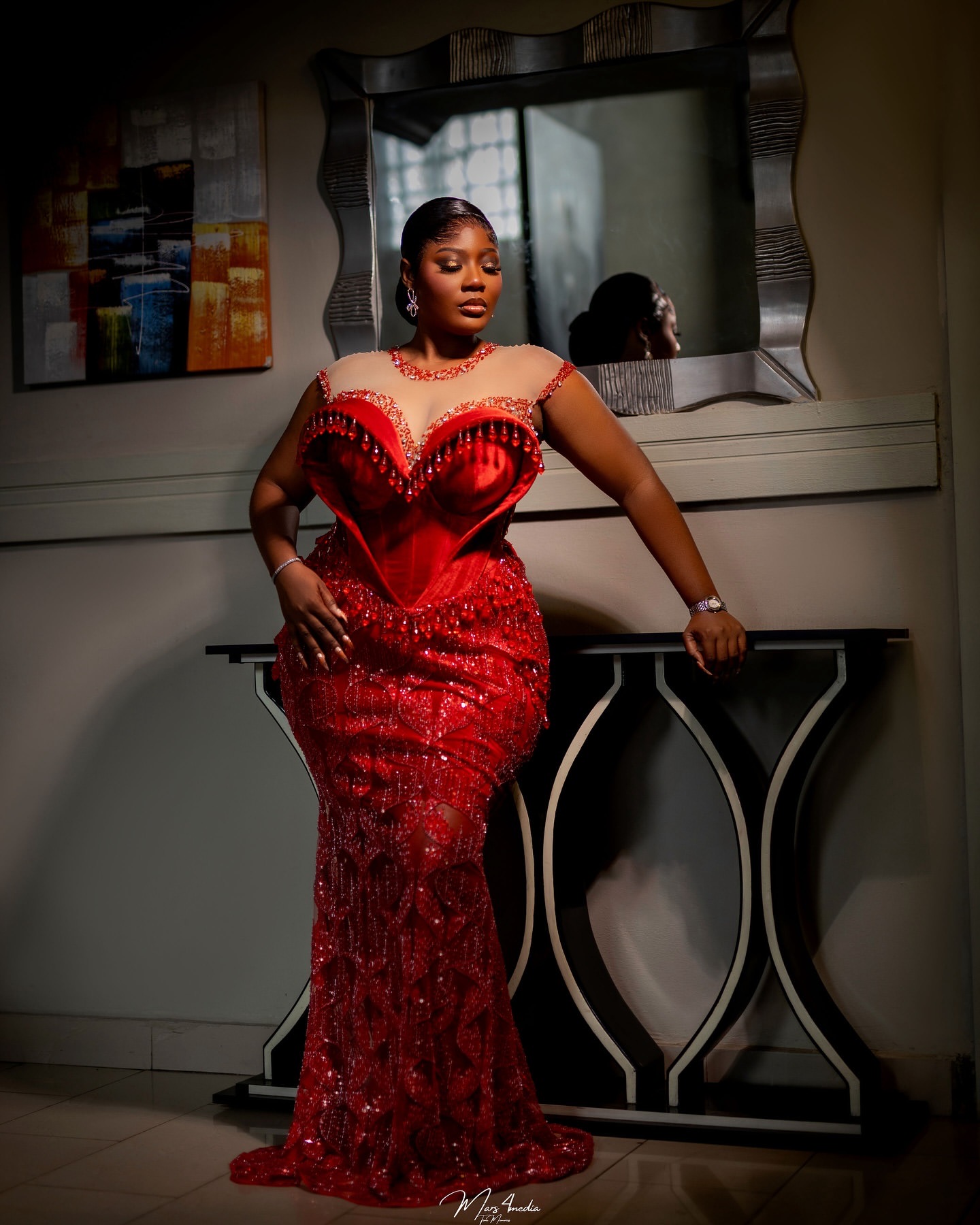 Aso Ebi Mermaid Red Prom Dresses 2025 Sequined Crystals Sheer Neck Evening Formal Party Second Birthday Engagement Gowns Plus Size Dress For Special O