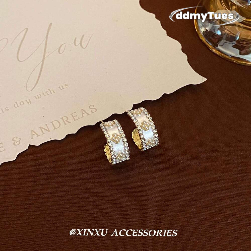 C-Shaped Pearl Earrings - Gold Plated Geometric Hoops with Zirconia Accents | Korean Fashion Minimalist Ear Jewelry for Women ddmythur