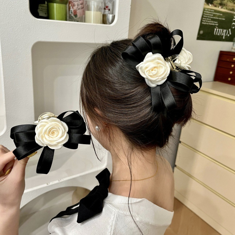 White Camellia Korean Style Small Fragrance Bow Claw Large Hair Shark Back of Head Clip