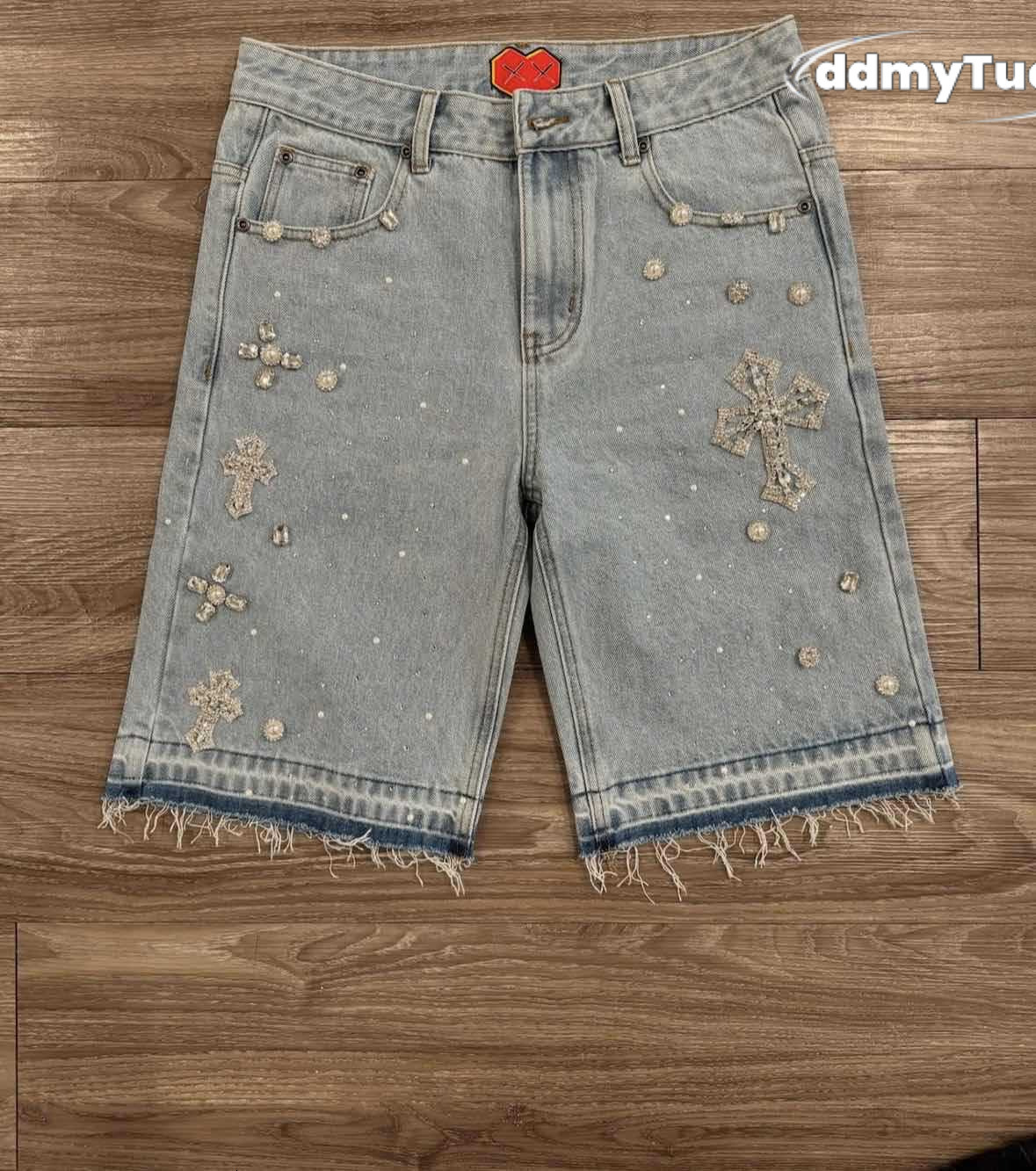 Men's Shorts Gothic Rhinestone Cross Embroidery Viral Denim Jorts Vintage American Trend Gym Men Women Street Hip Hop Jean Short ddmythur ddmythu