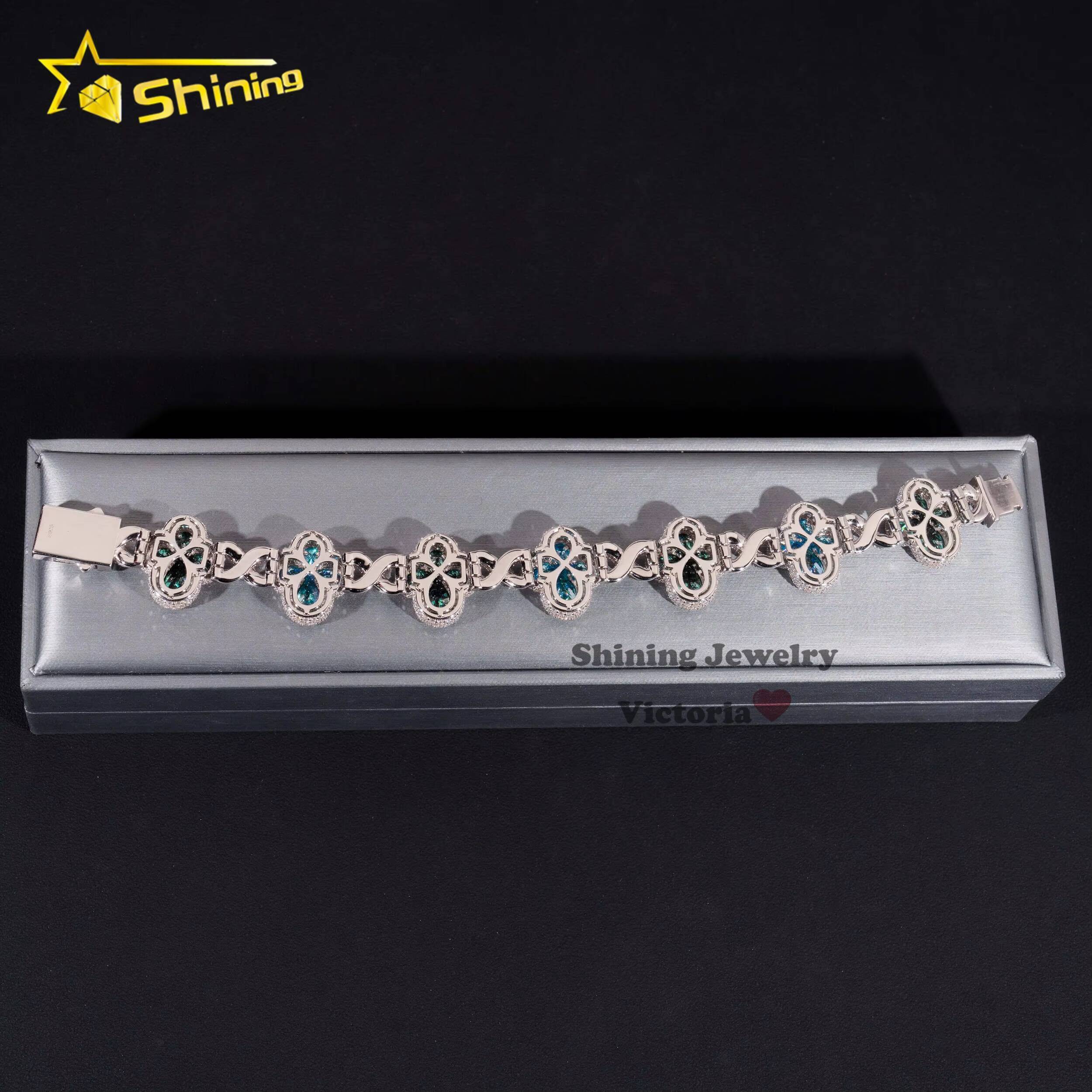 New Arrival Bling Hip Hop Jewelry 925 Sterling Silver Colored Pear Moissanite Diamond Iced Out Clover Infinity Link Bracelet Men
