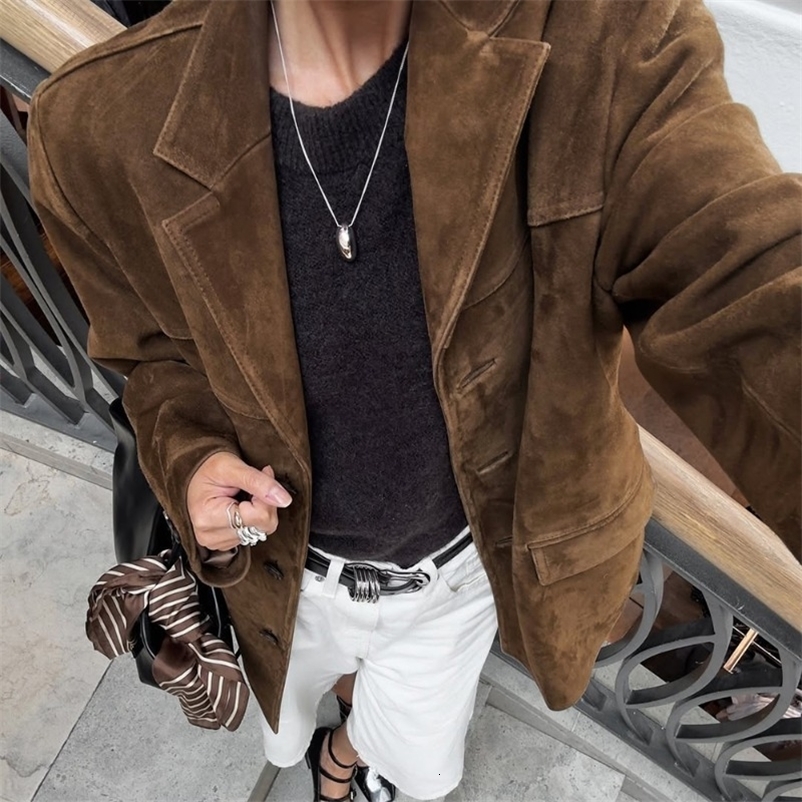 Talenza Vintage Womens Suede Leather Jacket Single Breasted Lapel Brown Blazer Loose Coats Autumn Office Lady Outerwears 250901