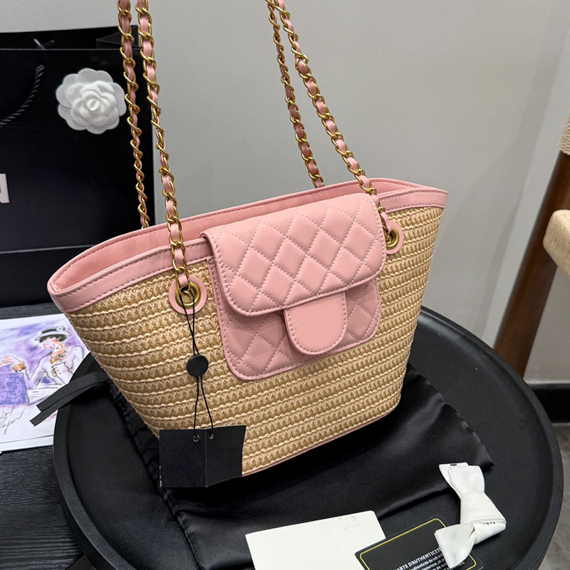Ladies Designer Straw Tote Underarm Bag Two-tone Leather Flap Pocket Golden Hardware Matelasse Chain Outdoor Leisure Shopping Purse Shoulder Handbag 23x20cm