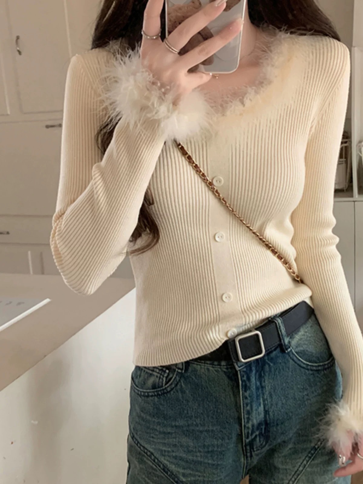 LV141 splicing feather sweater women's autumn and winter knitted sweater long sleeve top