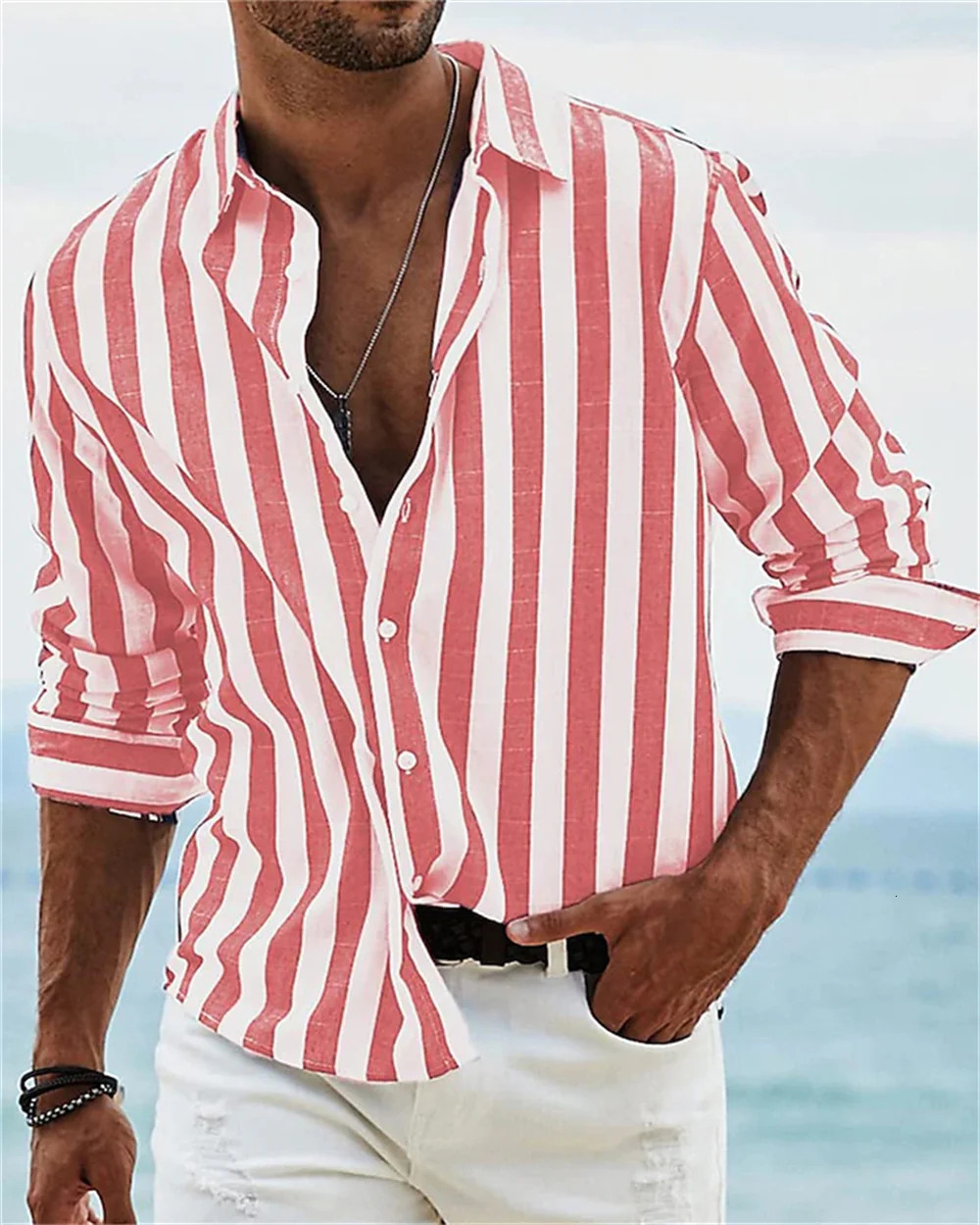 Mens Long sleeved Blue Stripe Printed Shirt Social Mens Wear Hawaii Elegant Classic Fashion Solid Color 250829