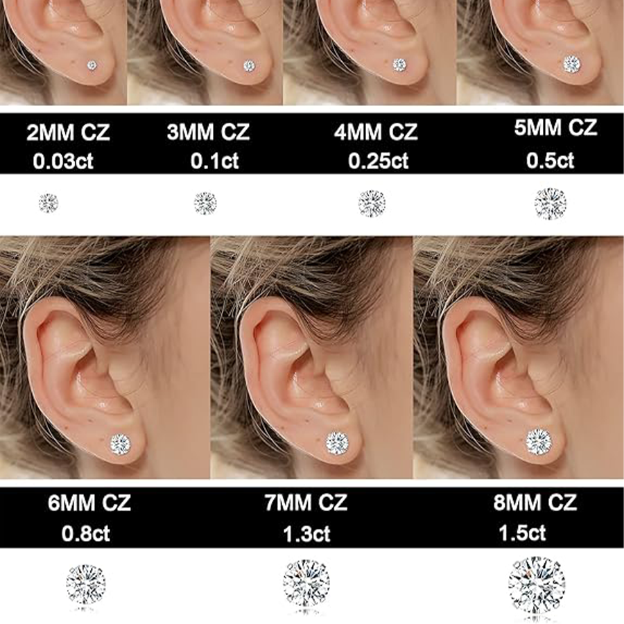 7 Pairs 18G Stainless Steel Stud Earrings Screw Back Round Cubic Zirconia Barbell Earring Set For Men Women 2MM-8MM Silver Tone