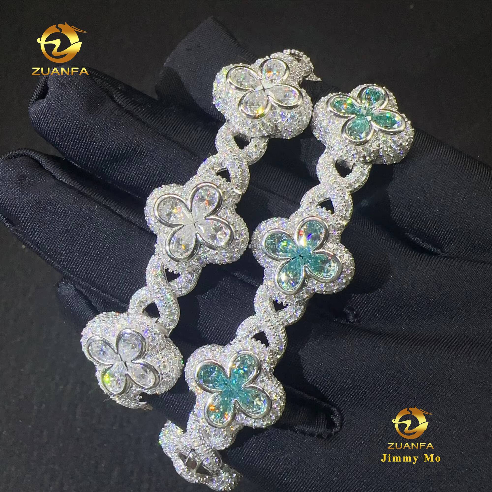 New Arrivals Popular 18mm Pear Flower Design Hip Hop Jewelry Iced Out Blue Green Moissanite Infinity Cuban Link Bracelet Men