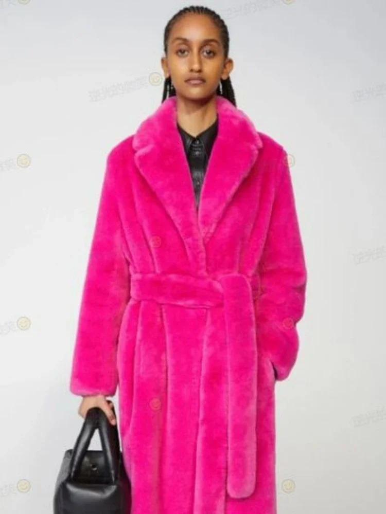 Faux Fur Maxi Jacket Women Thick Belt Autumn Winter Coat Long Warm Luxury Black Parkas Bontjas Furry Outerwear 250901