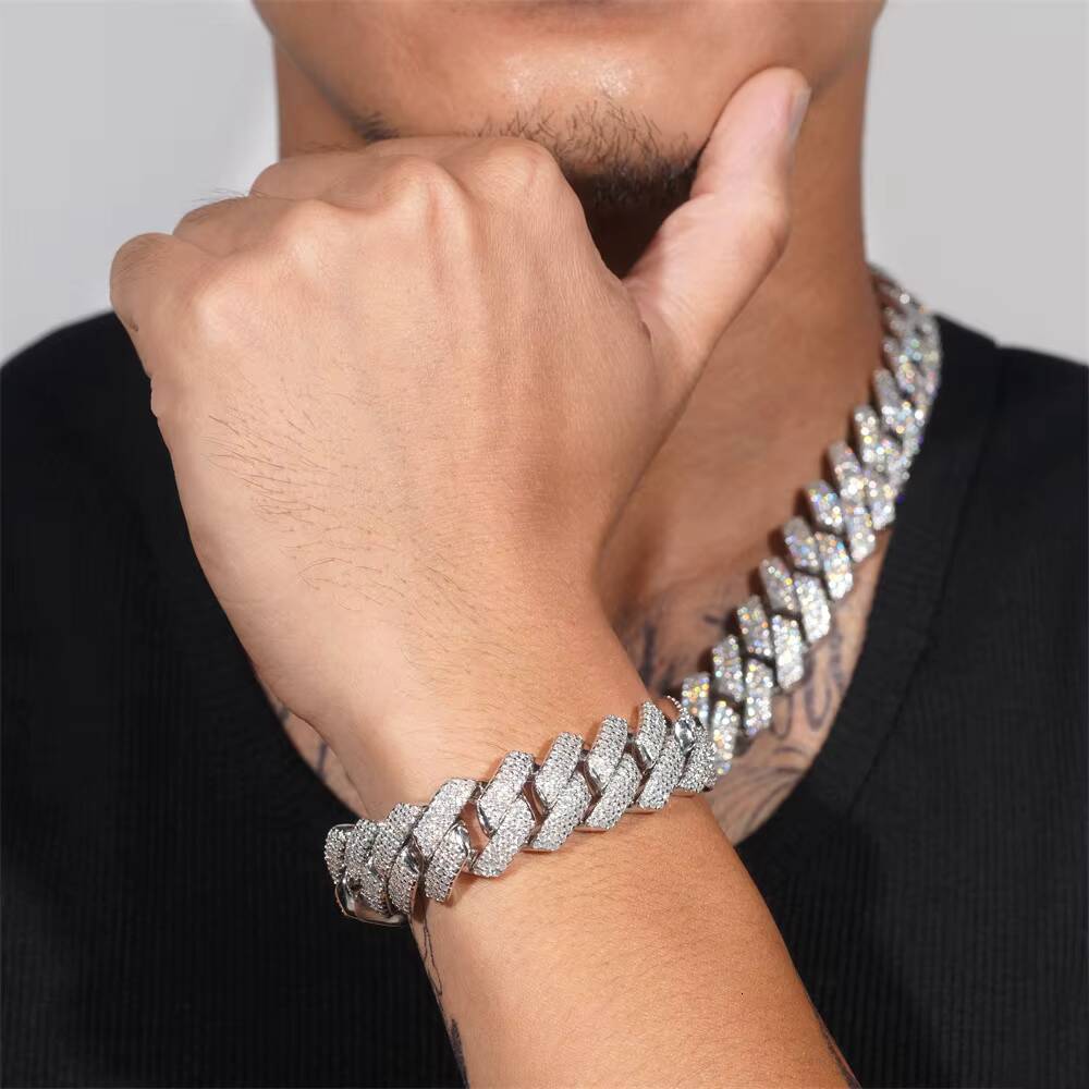 New Hot 925 Silver European American Mens Hip Hop Cuban Style VVS Moissanite Necklace Bracelet 14mm Three Rows Stone Collarbone