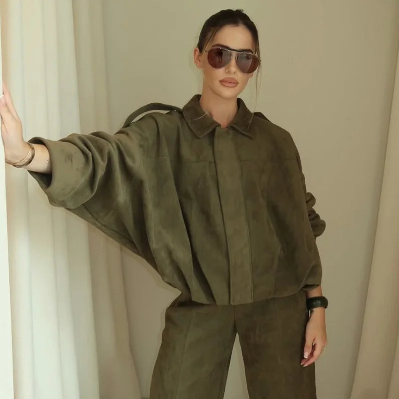 HXAO Womens Bomber Jacket Lapel Long Sleeve Zipper Suede Jacket Women High Street Cropped Racing Jackets Coats Outerwears 250901