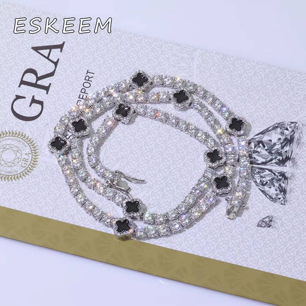 New Arrival 925 Sterling Silver Hip Hop VVS Moissanite 4mm Clover Tennis Chain Necklace Gold Plated Fashion Gift