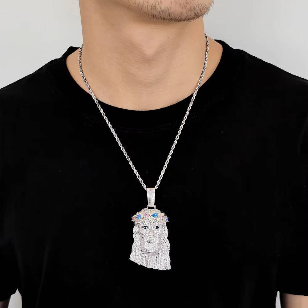 Iced Out Hip Hop Charm Pendant Jesus Piece Custom Rainbow Big Heavy Jesus Head Pendant Necklace
