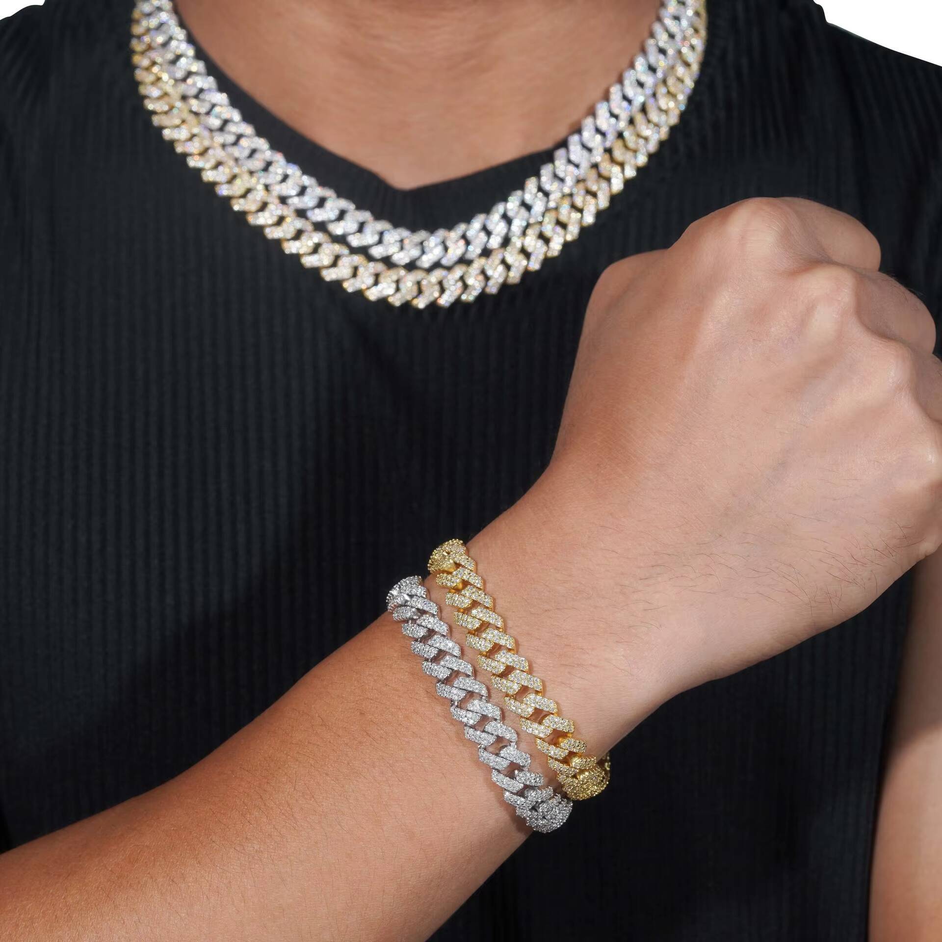 High Quality 8mm 925 Silver Moissanite Cuban Bracelet and Necklace Set Two Rows Stone CrossBorder Hiphop Style Personalized