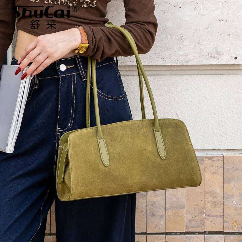 Matte Suede Genuine Cow Leather Big Women's Shoulder Bag Designer High Quality Huge Commute Travel Ladies Handbag Cowhide