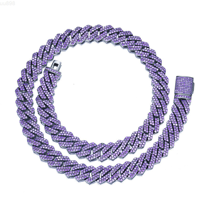 15MM Iced Out Miami Cuban Necklace Gun Black Plated Paved Purple Diamond CZ Prong Cuban Link Chain