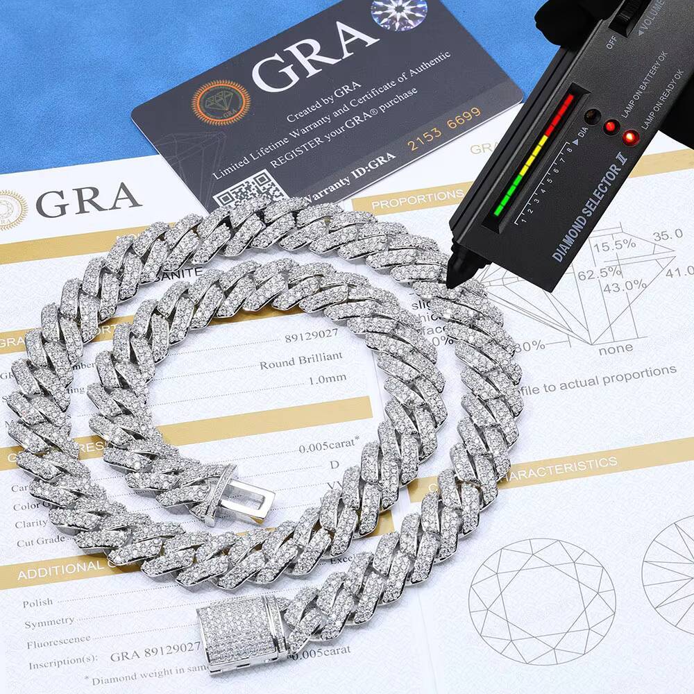 Fine Jewelry 925 Sterling Silver 15mm Shining Diamond Cuban Link Chain Passes Diamond Tester VVS Moissanite Necklace