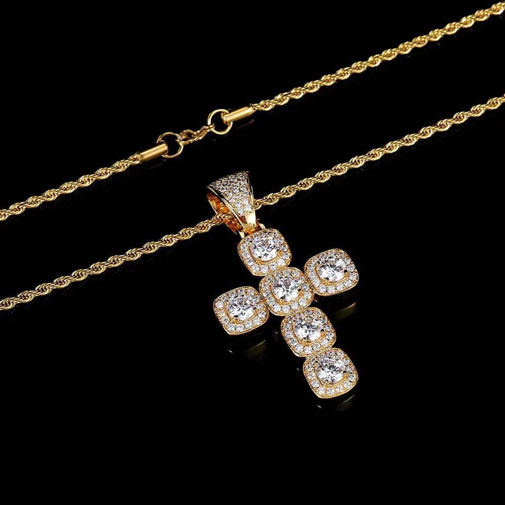 Men Bling Hip Hop Pendant Jewelry 18k Gold Plated Iced Out CZ Charms Baguette Cross Pendant Necklace