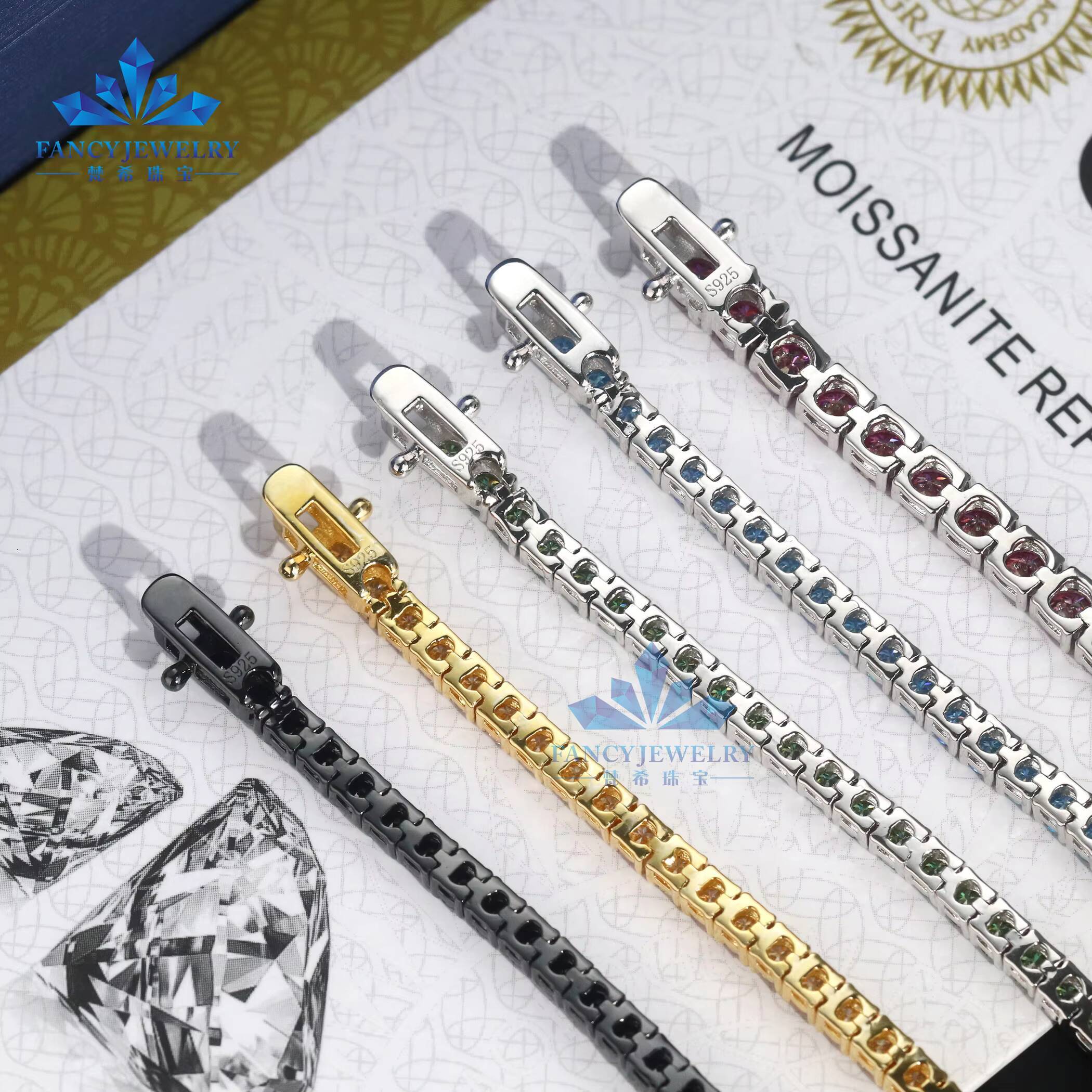 Fashion Gemstone Tennis Bracelet Women Jewelry18K Gold Plated Black Pink Yellow Blue Green Bracelets for Girls