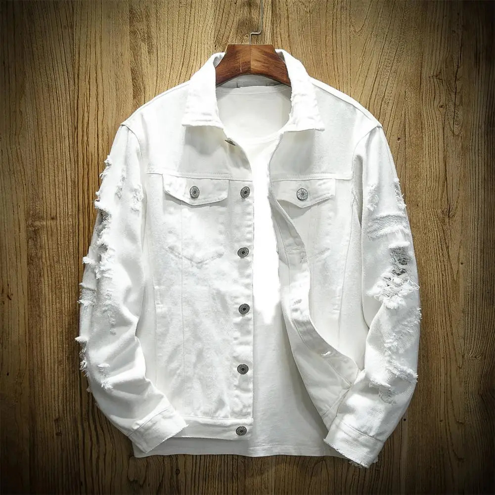 Stylish Men Jacket Ripped Hole Cool Denim Jacket Loose Buttons Denim Coat 250829