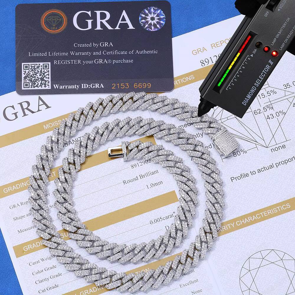 High Quality 10MM 925 Silver VVS Moissanite Cuban Chain Passed Diamond Tester Iced Out Hip Hop Necklace for Men Women