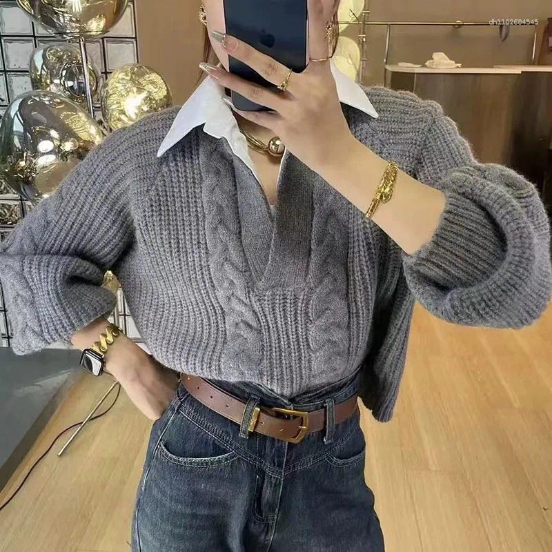 Women's Sweaters Fashion Fake Two Pieces Knitted Pullovers Women Korean Patchwork Turndown Collar Sweater Female Autumn Winter Twist Knit