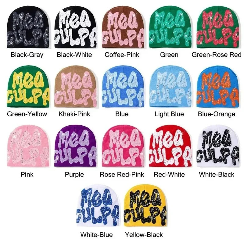 Y2K MEA Culpa Beanies Hat with Rhinestone for Women Men Beanies Hats Hiphop Soft Stretch Warm Knitted Slouchy Cap 250901