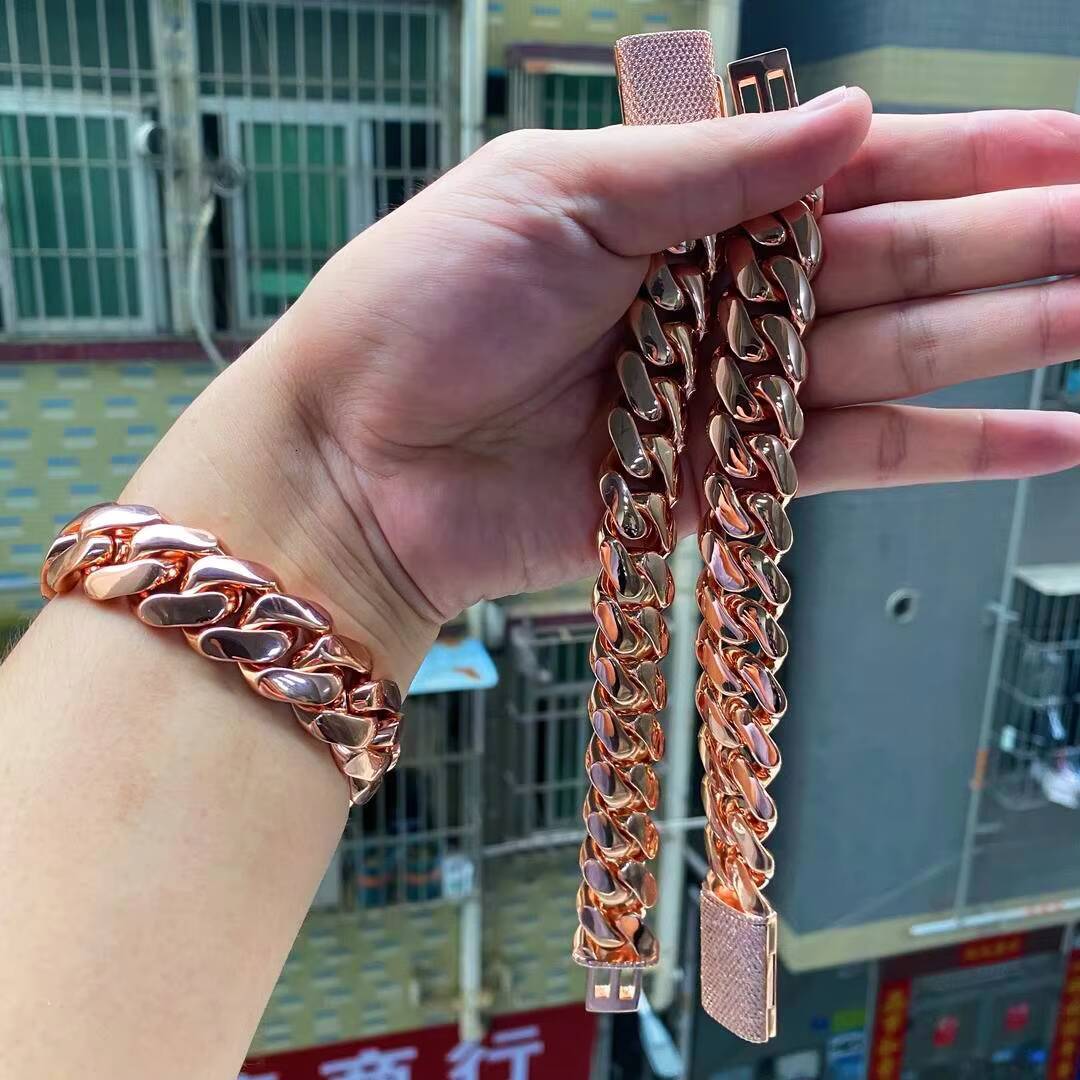 Wholesale Rose Gold Plate Cuban Link Chain Choker Heavy Solid Brass Miami Cuban Chains Bracelet for Men Women Cadena De Oro Rosa