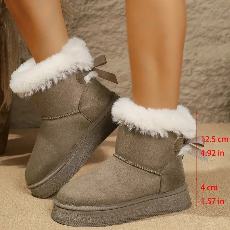 Fashion Bow Fleece Thicksoled Large Size Flatbottomed Winter Womens Snow Boots 250901