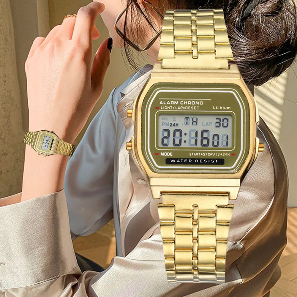 Elegant Digital Watch For Women Gold Silver Stainless Steel Business Ladies Electronic Wrist Watches Man Clock Zegarek Damski 250901