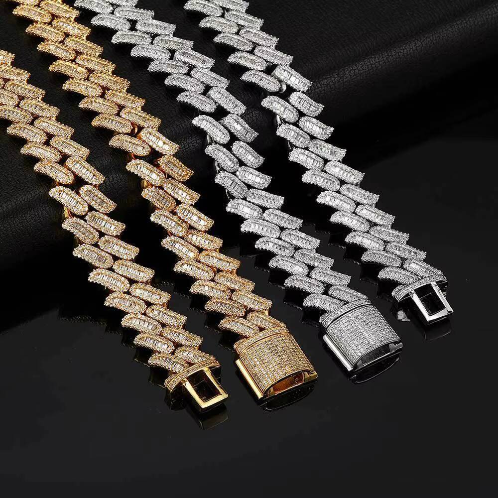 Hip Hop New 15mm Mens Cuban Necklace Iced Out Fully CZ Diamond Baguette Thorns Cuban Chain