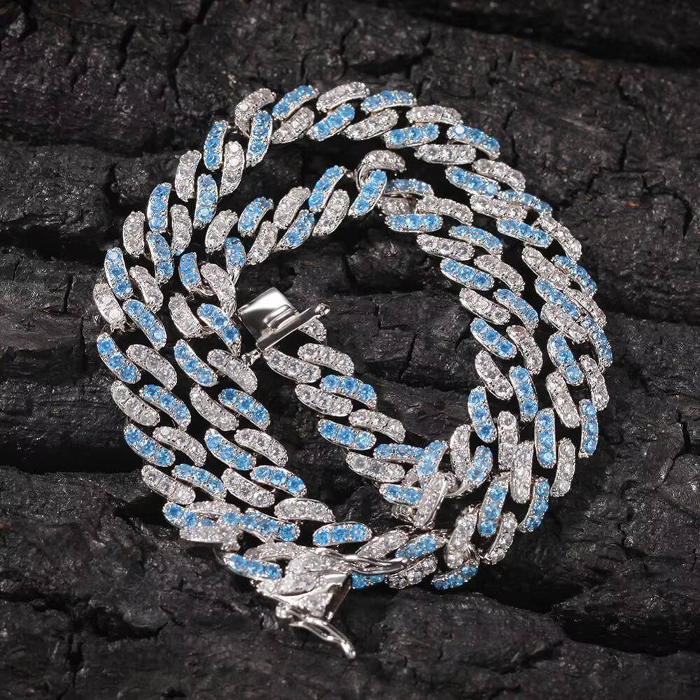 Wholesale 9mm Blue CZ Diamond Necklace Iced Out Bling Rapper Cuban Link Chain for Dropshipping