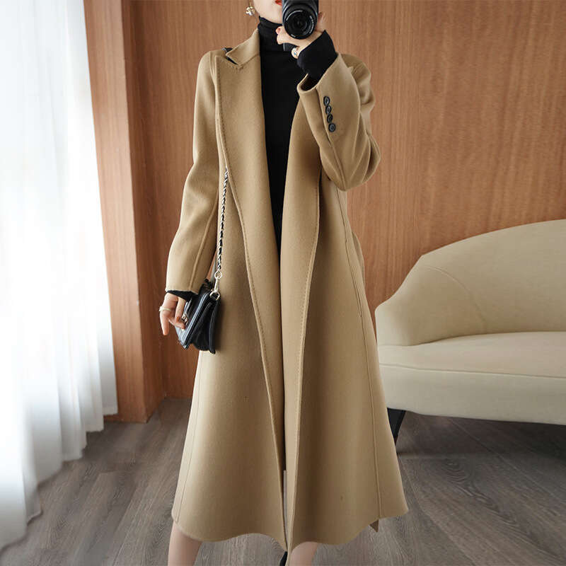 Camel Double-Sided Cashmere for Women, Long Style with Tie, Korean Version, Loose Straight Cut, New Autumn and Winter Woolen Coat