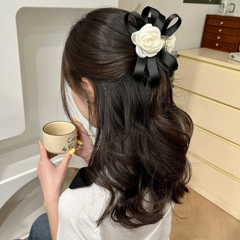 White Camellia Korean Style Small Fragrance Bow Claw Large Hair Shark Back of Head Clip