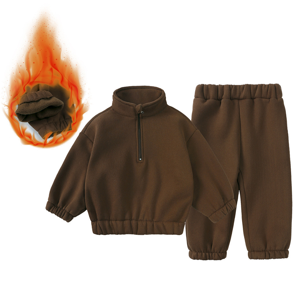 Korean version of new winter clothing set for boys and girls fashionable high neck half zipper top leg binding pants fleece casual set 231030