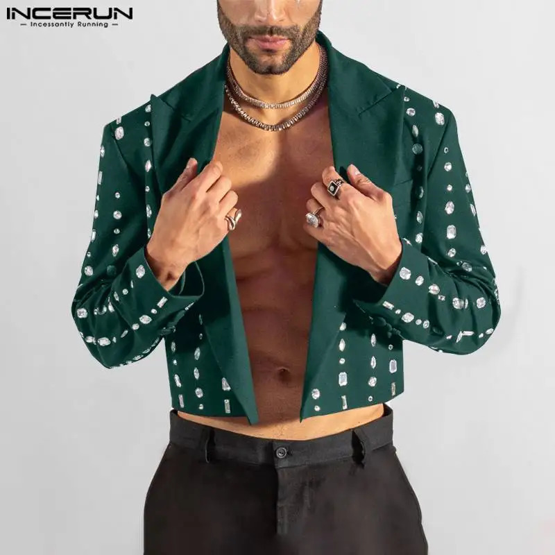 INCERUN Men Cropped Blazer Lapel Collar V Neck Open Front Long Sleeve Diamond Printed Party Wear Office Business Suit 250901