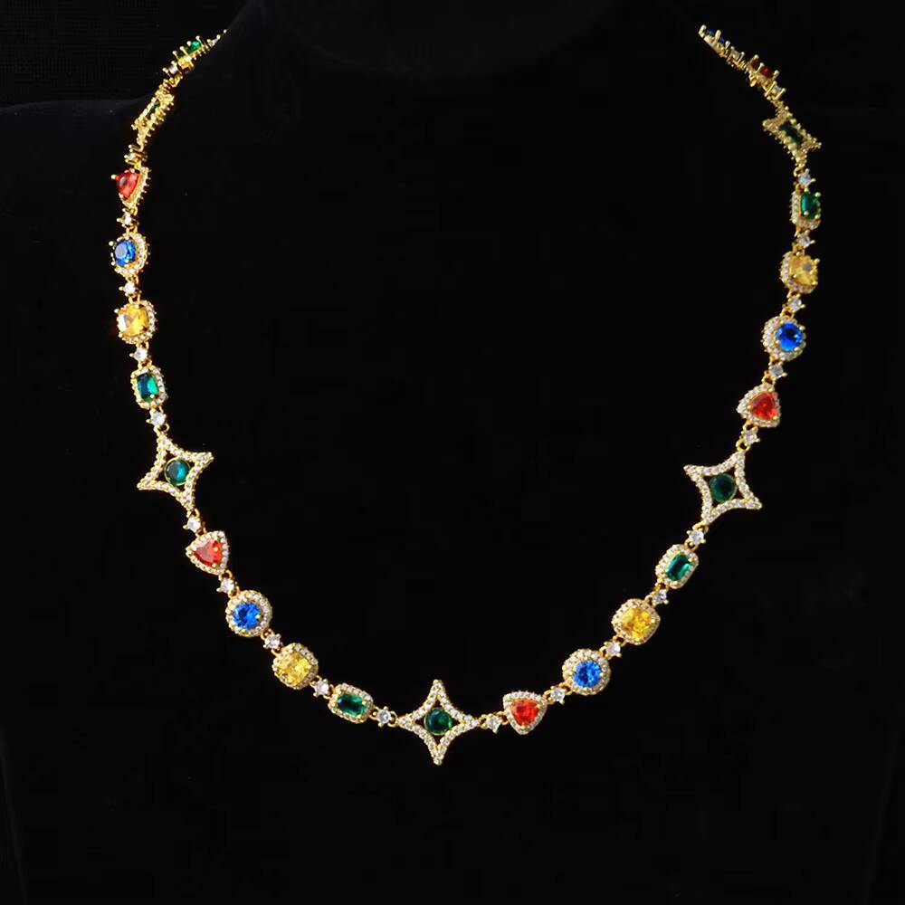 Eskeem Womens Colorful Gemstone Geometric Link Necklace Multicolored Cubic Zirconia Stones Bling Hip Hop Jewelry
