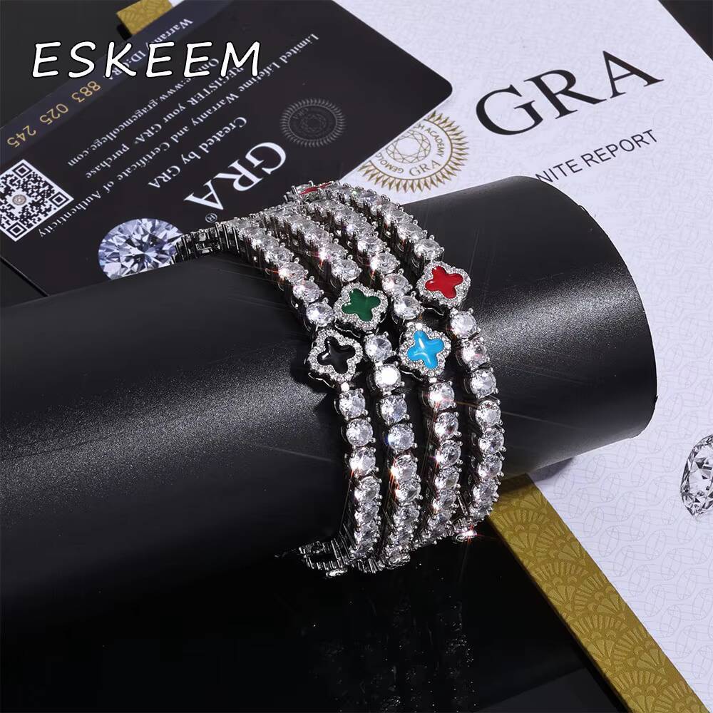 New Arrival 925 Sterling Silver Hip Hop VVS Moissanite Bracelet 4mm Clover Tennis Chain Gift for Men Women Jewelry