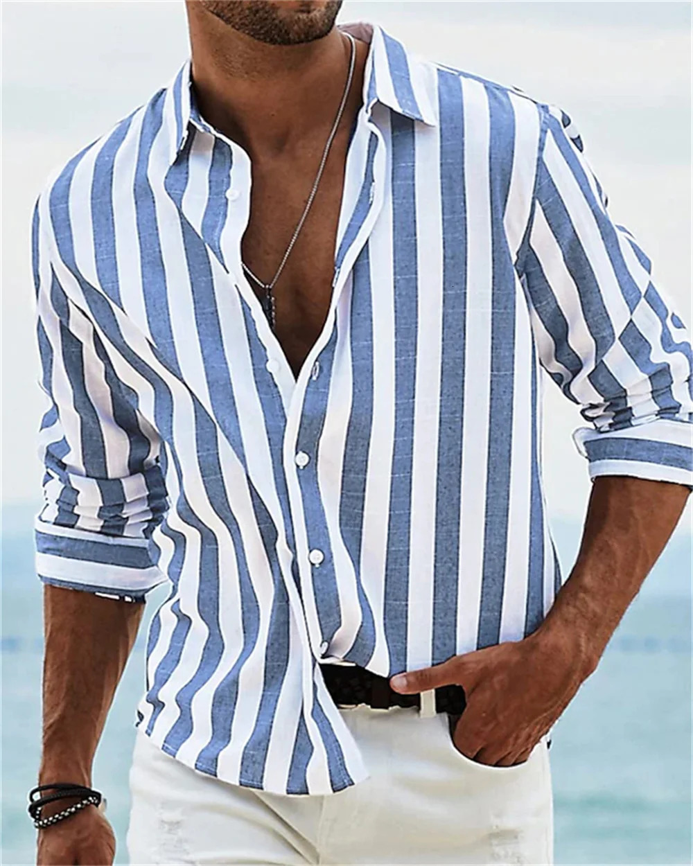 Mens Long sleeved Blue Stripe Printed Shirt Social Mens Wear Hawaii Elegant Classic Fashion Solid Color 250829