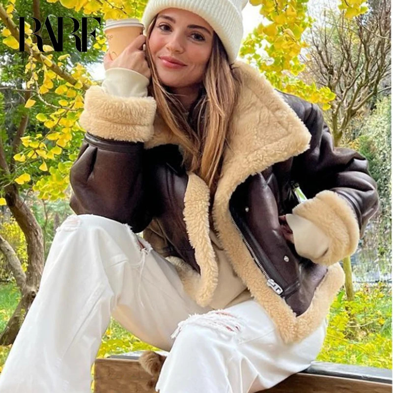 RARF 2025 Autumn Winter Women Faux Lamb Fur Short Jacket Vintage Female Moto Biker Zipper Thick Warm Coat Fleece Outwear 250829
