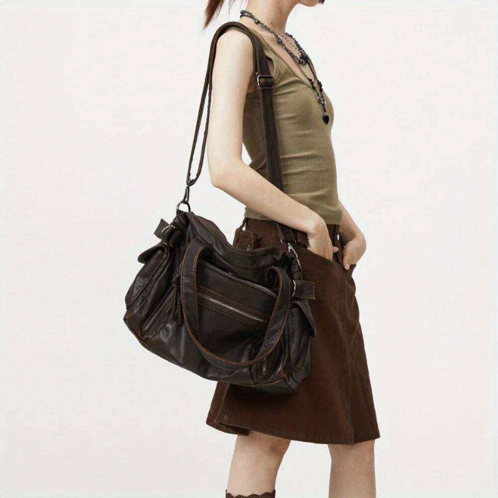 Retro Tote Motorcycle Soft PU Leather Large Capacity Shoulder Y2k Punk Multi Pocket Crossbody Bag