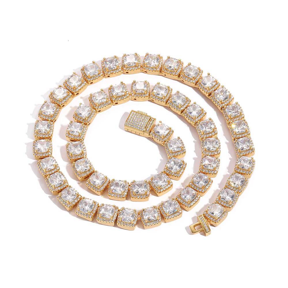 10mm Solid Back CZ Necklace 18k Gold Plated Jewelry Iced Out Diamond Clustered Tennis Chain