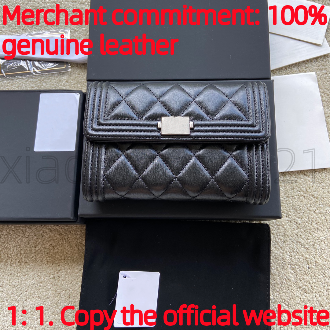 mirror quality bag Genuine leather for women's short three fold diamond grid small fragrant wind zero sheepskin wallet card bag caviar leather bag