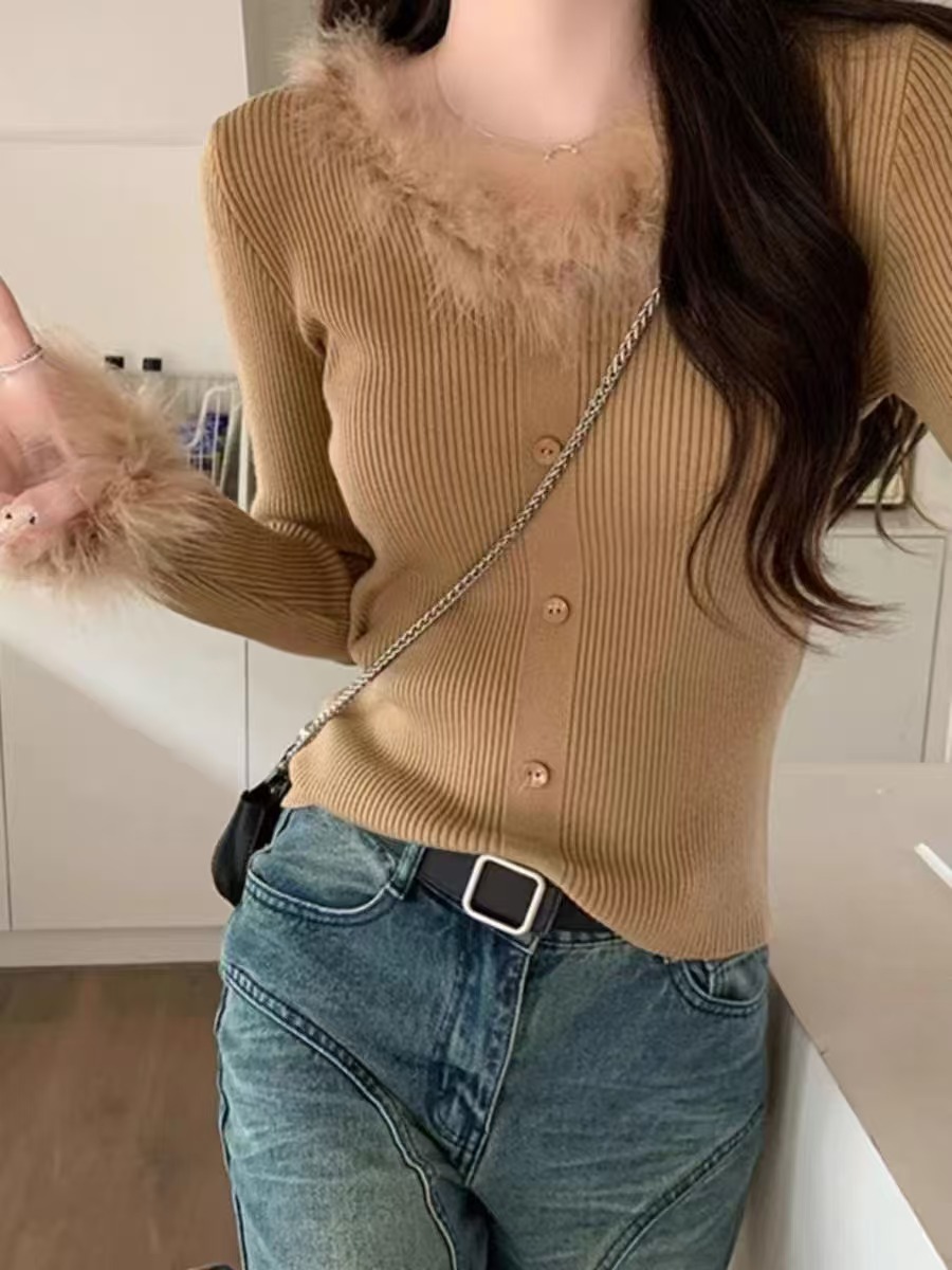 LV141 splicing feather sweater women's autumn and winter knitted sweater long sleeve top