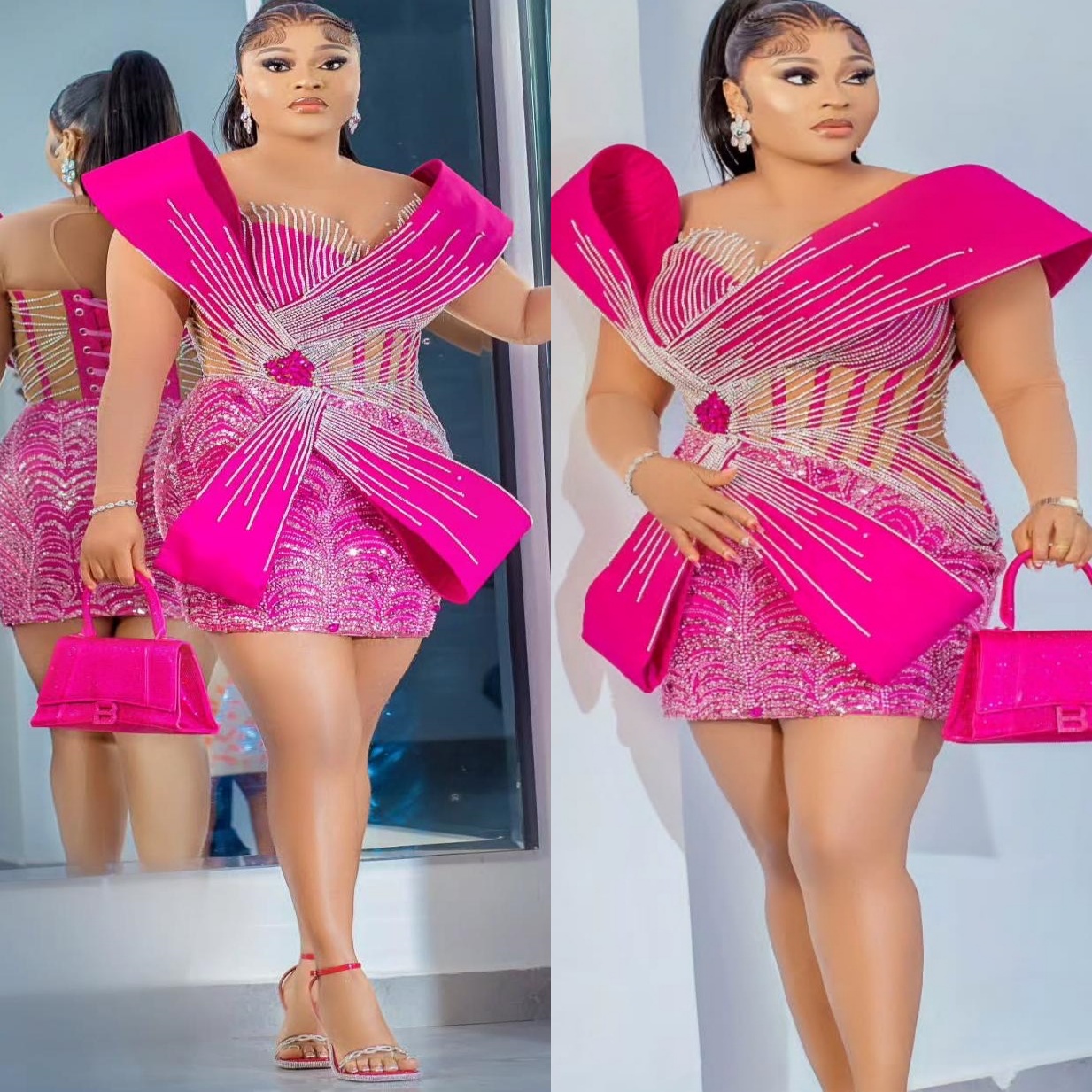 Chic Fuchsia Sheath Cocktail Dress Beaded Sequined Sheer Neck Stylish Short Mini Graduation Homecoming Dresses For Special Occasions Sweetheart Gowns