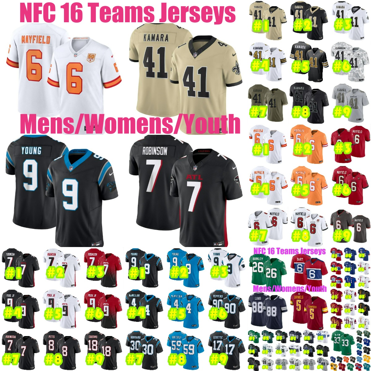 16NFCteams Baker Mayfield Ain Kamara Football Jersey Chris Olave Bijan Robinson Michael Penix Jr Kyle Pitts Bryce Young Tetairoa illan Mike E Jerseys 4XL