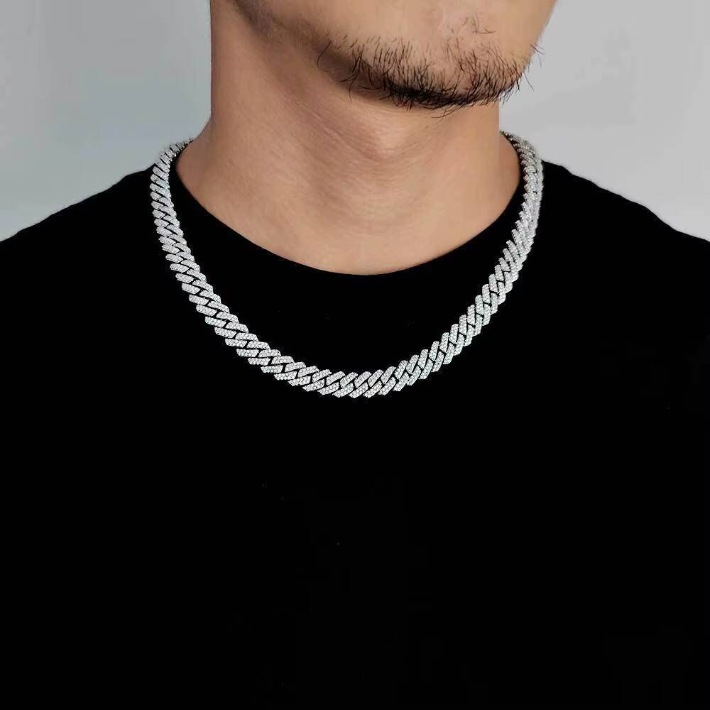 Hip Hop 10mm Miami Cuban Link Necklace Iced Out Lad Diamond Bling Prong Cuban Chain