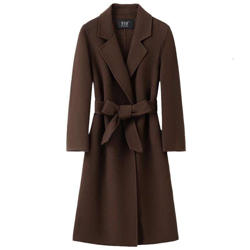 Double-Sided Cashmere for Women, Mid-Length, 2024 Autumn/Winter New Style, High-End Feel, Elegant Waist-Cinching, Coffee Color Woolen Coat
