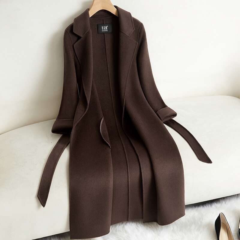 Double-Sided Cashmere for Women, Mid-Length, 2024 Autumn/Winter New Style, High-End Feel, Elegant Waist-Cinching, Coffee Color Woolen Coat