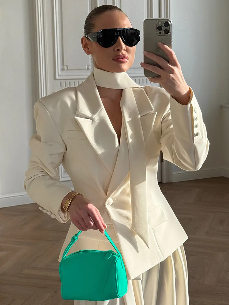 Trendix Solid Slim Elegant Jacket Womens Autumn Lace Up Patchwork Long Sleeve Bodycon Blazer Femme Office Coats 250901