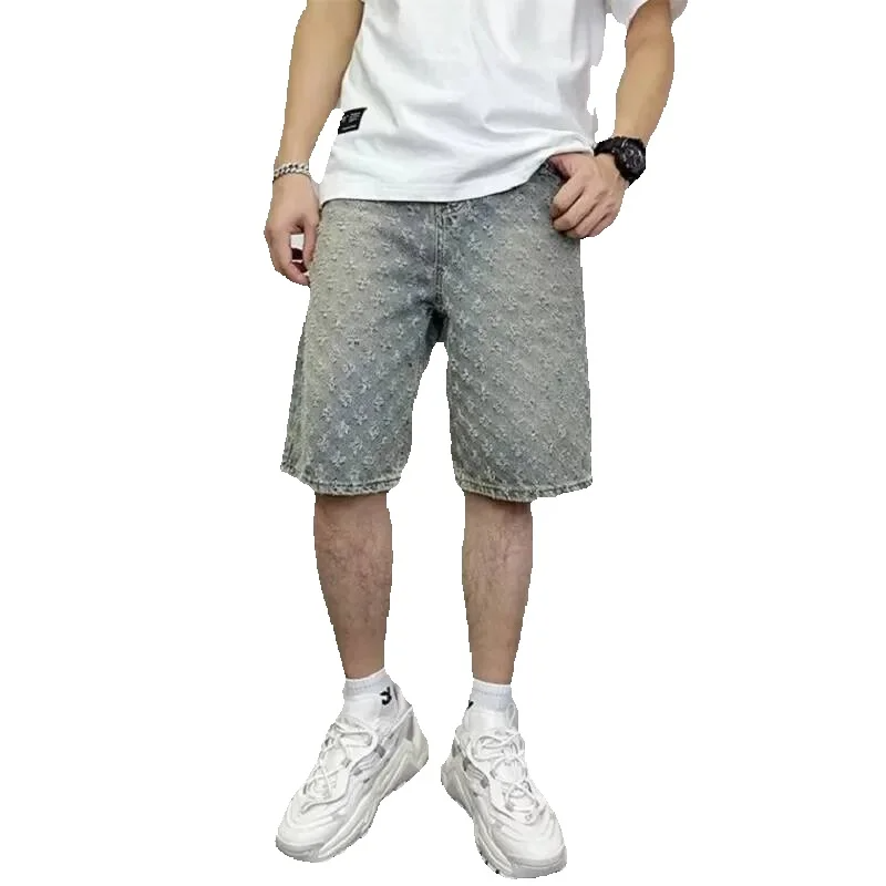 2025 New Fashionable Casual Summer Light Blue Outdated Men's Denim Shorts Popular Straight Leg Shorts Loose Men's High Street Niche Design T